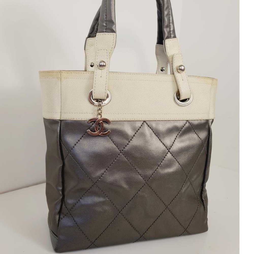 CHANEL Biarritz Paris Metallic Quilted Coated C Gray Beige Leather Canvas Tote
